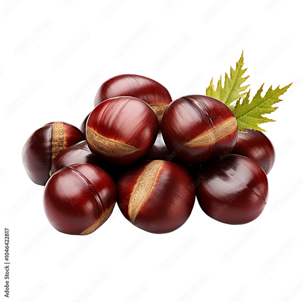 Cluster of Ripe Chestnut Fruit with Green Leaves Cluster of Ripe Chestnut Fruit with Green Leaves