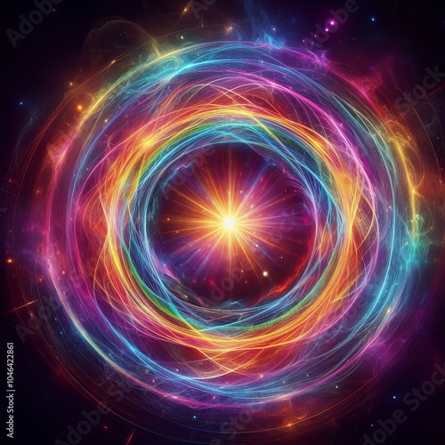 Fractal burst background featuring a vibrant swirl of colors with energy and motion, creating an abstract design that resembles a galaxy with glowing textures in rainbows color