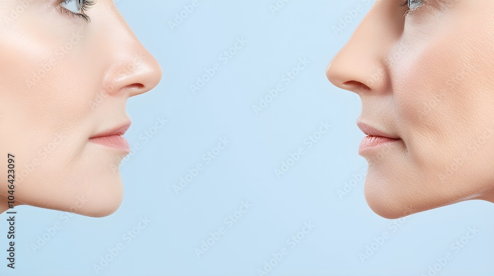 Obraz premium Before-and-after facelift close-up, highlighting loose skin, deep wrinkles, and fine lines pre-procedure, and a rejuvenated, firm face post-surgery
