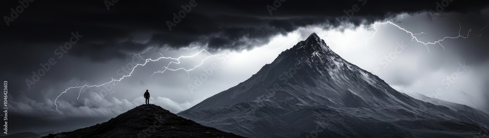 Fototapeta premium Majestic mountain under stormy sky, person standing in the foreground.