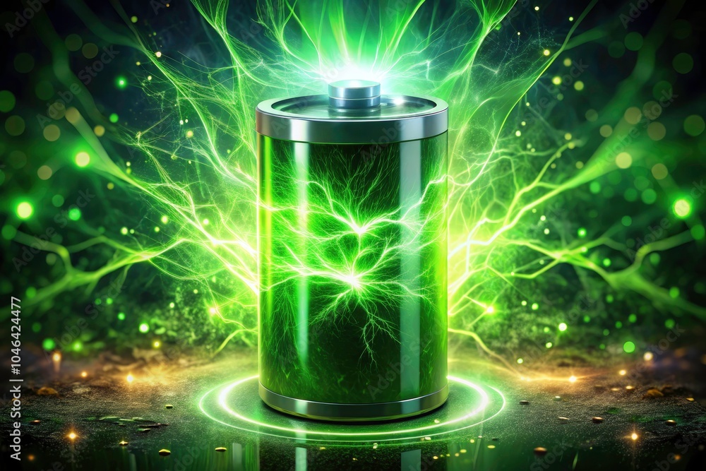 Glowing Green Battery with Electric Sparks on Dark Background – Energy Concept Illustration, Power Source Representation, Renewable Energy Visualization, High Depth of Field Effect Glowing Green Battery with Electric Sparks on Dark Background – Energy Concept Illustration, Power Source Representation, Renewable Energy Visualization, High Depth of Field Effect