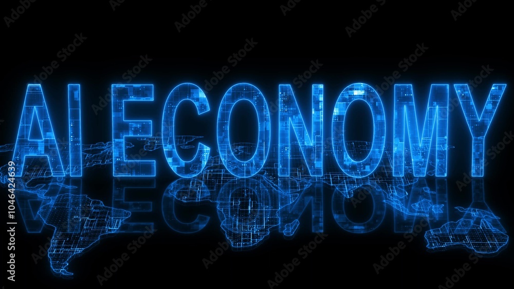 AI economy text technology earth map glow AI economy text technology earth map glow