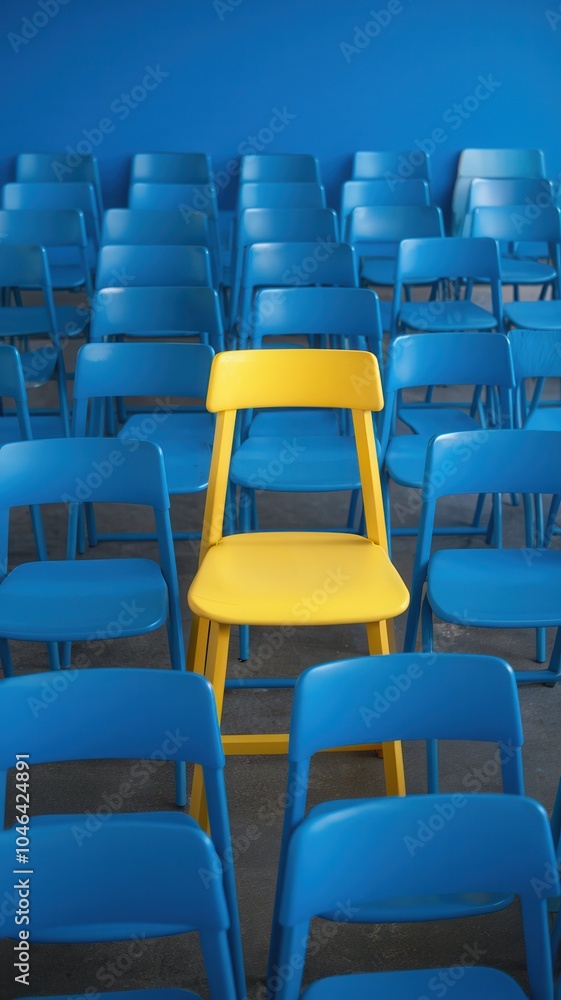 Obraz premium Yellow chair is in the middle of a row of blue chairs