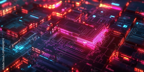 Neon glow on futuristic circuit board.