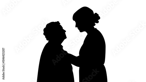 認知症の高齢のおばあさんと介護する女性のシルエットイラスト