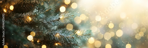 Blurry Christmas tree gold bokeh lights festive holiday background dreamy scene. Banner.