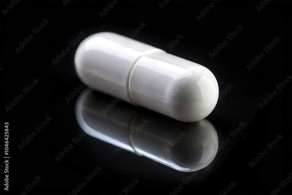 White pill on black background with shallow depth of field and reflection White pill on black background with shallow depth of field and reflection
