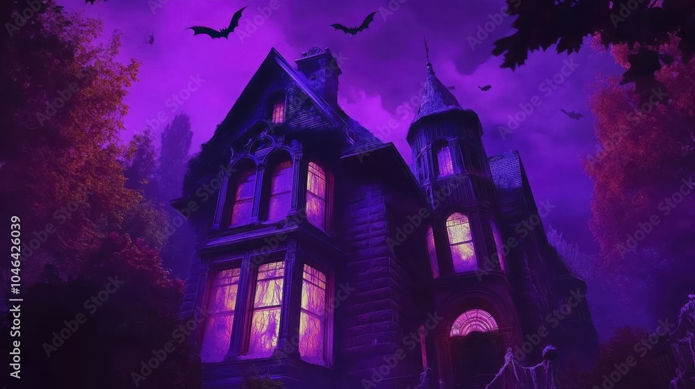 A haunted house with eerie glowing windows and bats flying overhead on Halloween 2024. A haunted house with eerie glowing windows and bats flying overhead on Halloween 2024.