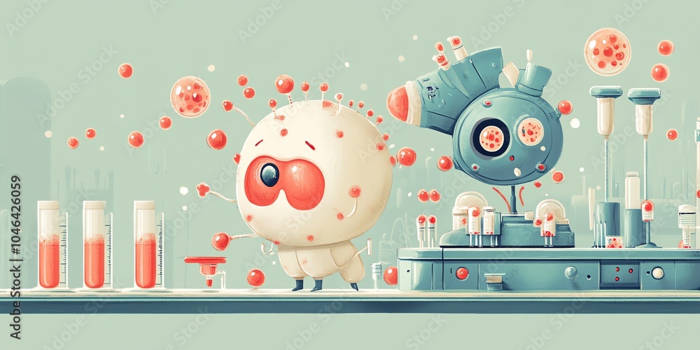 Obraz premium Cute oversized ELISA, antibody and microarray system, flat illustration