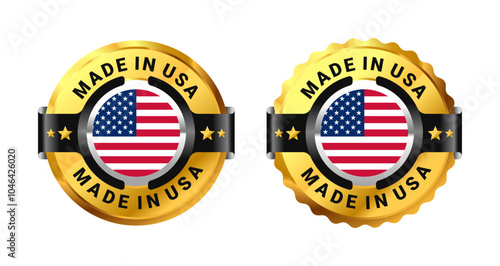 Made in USA or American logo a gold circle with a picture of a flag in the middle. For icon, stamp, label, badge, mark, sign, symbol, etc. Modern and minimalist. Vector Illustration