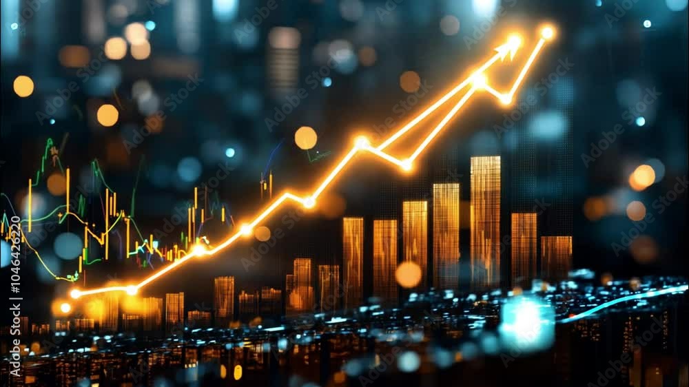 A glowing upward line graph against a cityscape backdrop
