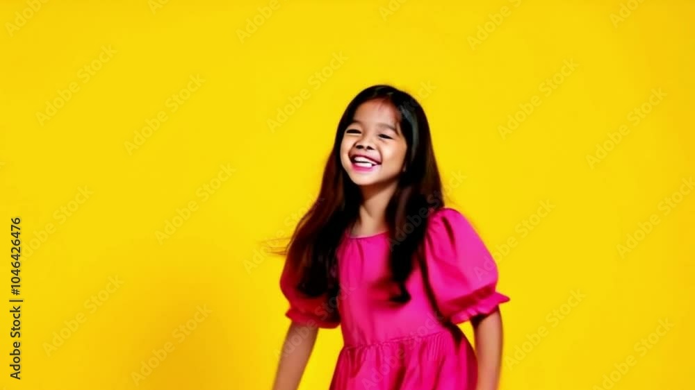 Playful Cinematic Trailer of Girl Posing and Smiling Against Vibrant Yellow Background with Upbeat Music Playful Cinematic Trailer of Girl Posing and Smiling Against Vibrant Yellow Background with Upbeat Music
