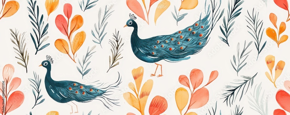 Fototapeta premium Vibrant Watercolor Chinese Peacock Pattern with Intricate Feathers - Stunning Tile Art Design