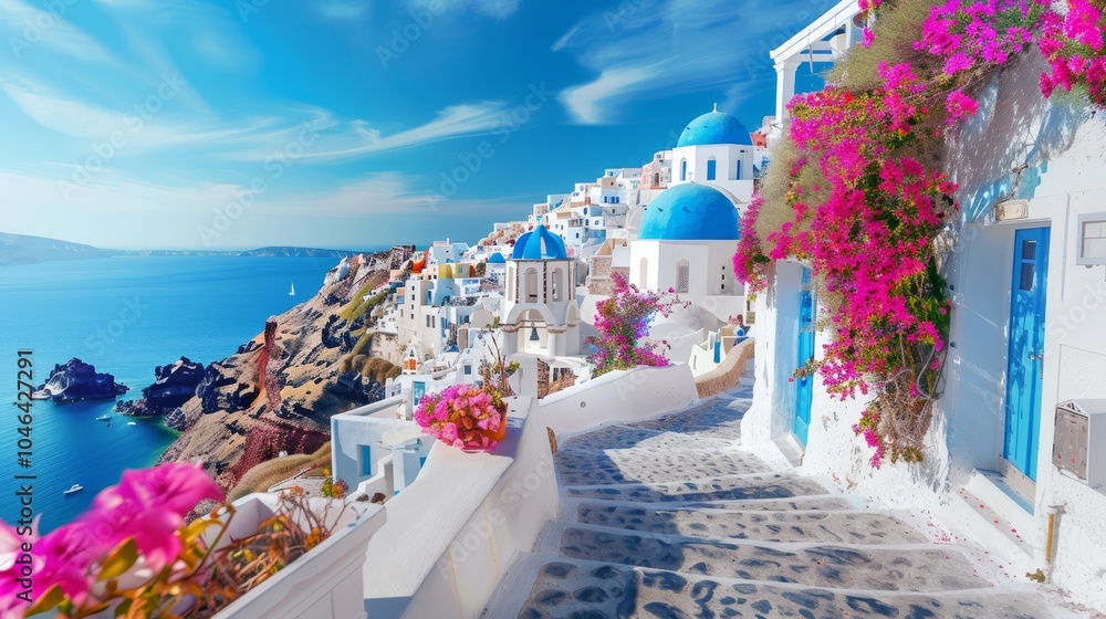 Fototapeta premium Charming white cycladic houses with blue accents surrounded by bougainvillea on a greek island