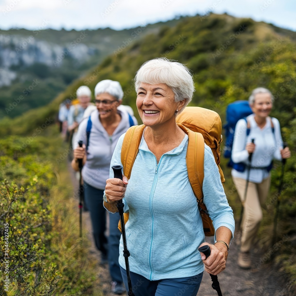 Seniors attending a local hike, climbing a scenic trail Seniors attending a local hike, climbing a scenic trail
