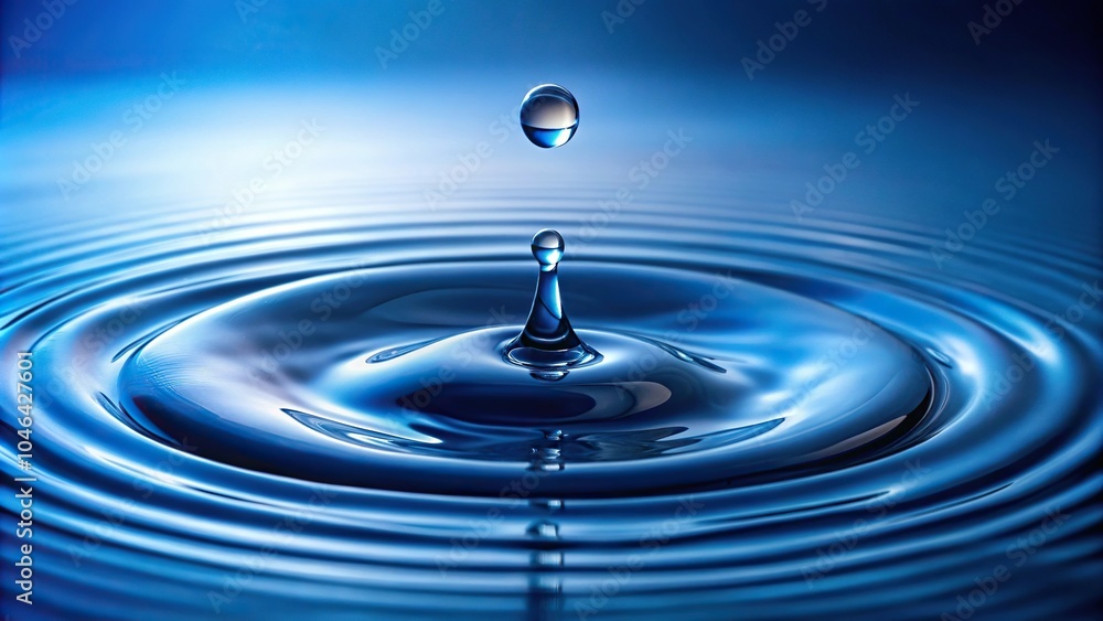 Water droplet falling from a height onto a blue surface, creating ripples and disturbance, blue ocean waves, movement, water splash, blue water droplets falling, fluid motion Water droplet falling from a height onto a blue surface, creating ripples and disturbance, blue ocean waves, movement, water splash, blue water droplets falling, fluid motion
