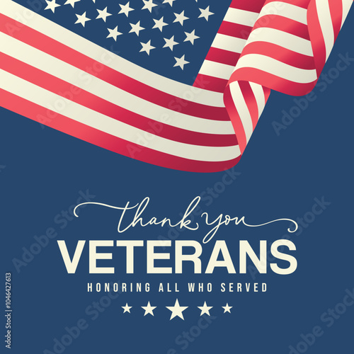 Veterans day social media post, background design with thank you Veterans text, USA flag waving on blue vintage vector graphics for banner, cards,  sale, saying, wishes, message, quotes, flyer, USA