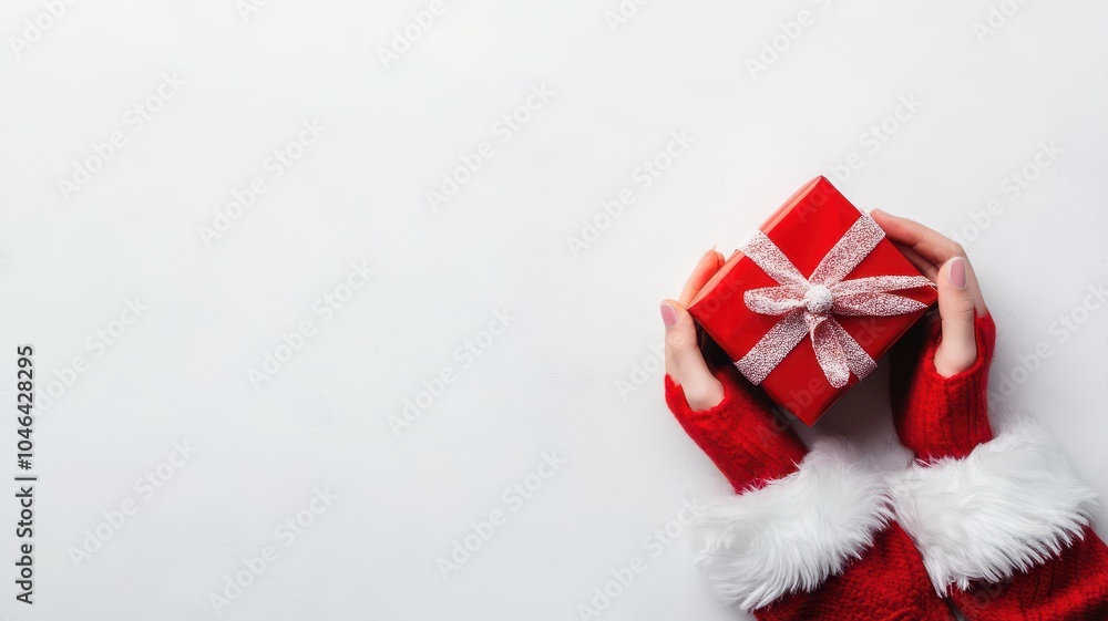 Hand of santa claus holding red christmas gift on red background,Santa Claus gloved hand with giftbox in Christmas day,Black Friday, Sales,Giving Gift concept,copy space. Hand of santa claus holding red christmas gift on red background,Santa Claus gloved hand with giftbox in Christmas day,Black Friday, Sales,Giving Gift concept,copy space.