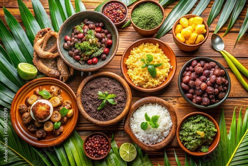 A table full of food with a variety of dishes including rice, beans