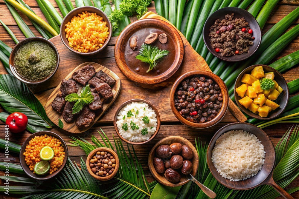 A table full of food with a variety of dishes including rice, beans A table full of food with a variety of dishes including rice, beans
