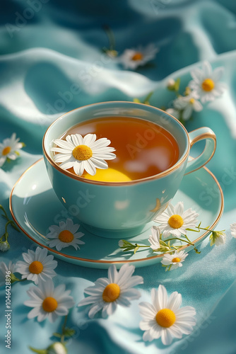 A cup of tea with daisies on a blue cloth