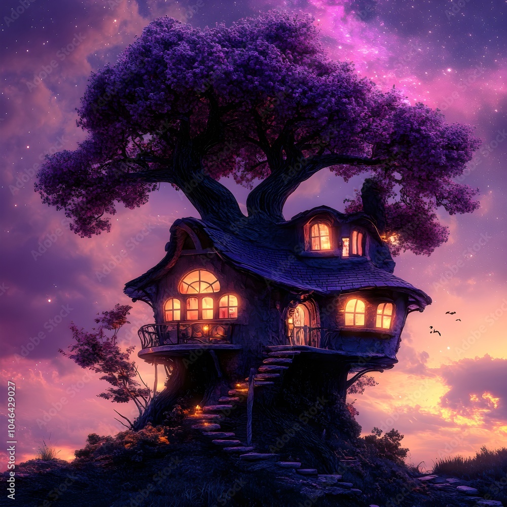 Enchanted Tree House in Fantasy Landscape at Twilight Enchanted Tree House in Fantasy Landscape at Twilight