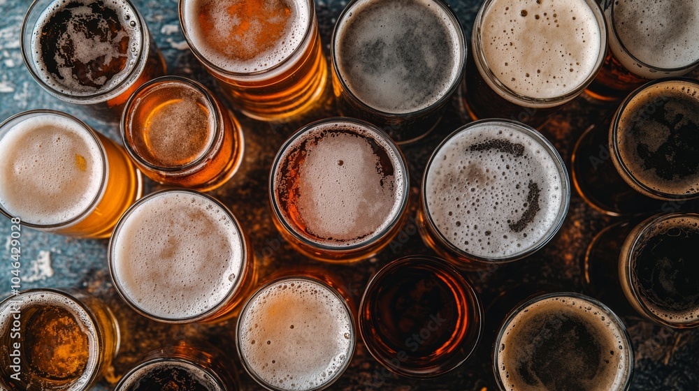 A vibrant overhead view of various beer glasses filled with different shades of beer and frothy tops. A vibrant overhead view of various beer glasses filled with different shades of beer and frothy tops.