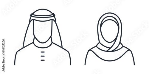 Arabic Muslim man and woman icon. Muslim couple thin line vector illustration.