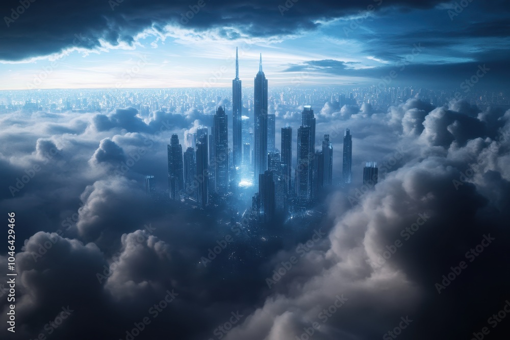 Fototapeta premium A city built in the clouds with towering skyscrapers made of shimmering glass and steel, reaching for the sky.