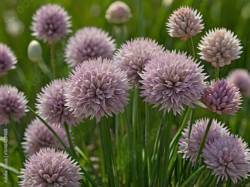 photo of charming purple chives blooming close up in photo near house