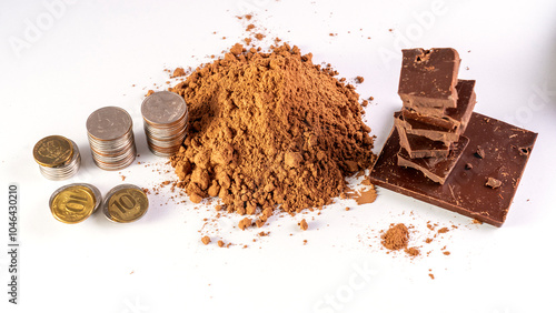 A pile of coins and chocolate on a white background. The coins are of different sizes and colors, and the chocolate is piled on top of them. Concept of indulgence and luxury, as the coins photo