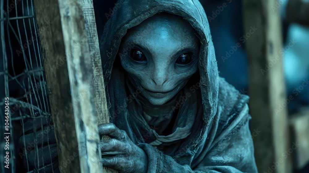 Realistic Alien in Grey Hoodie with Mysterious Gaze Realistic Alien in Grey Hoodie with Mysterious Gaze