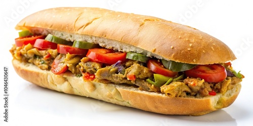 Tunisian fricassee sandwich on a white background tilted angle