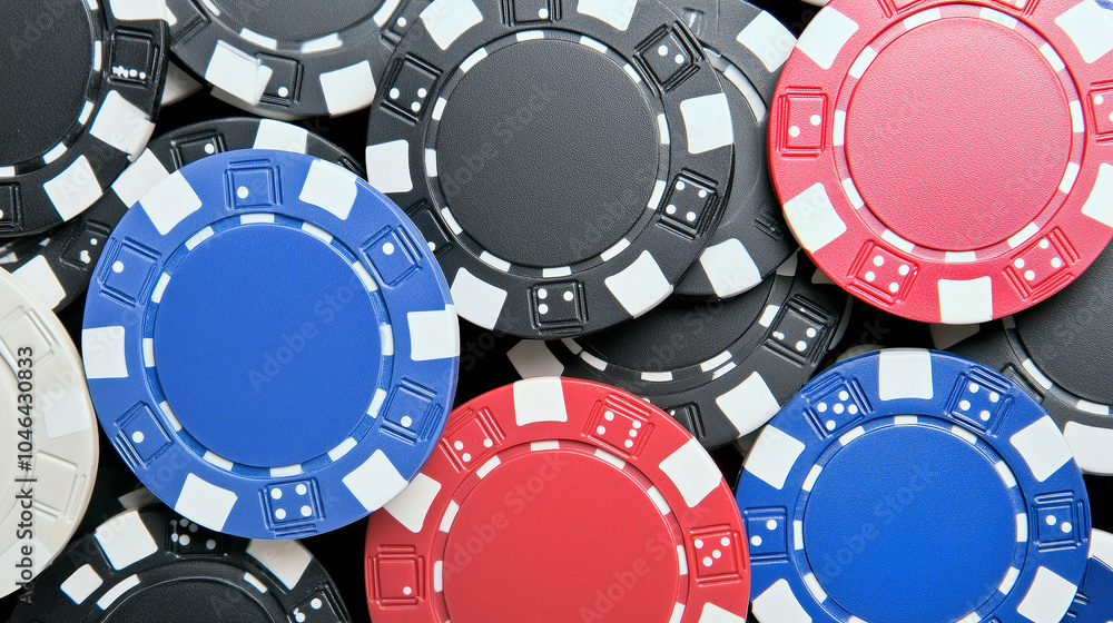 A close-up image of a pile of colorful casino poker chips. A close-up image of a pile of colorful casino poker chips.