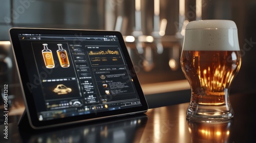 Fototapeta Naklejka Na Ścianę i Meble -  A beer glass next to a tablet displaying drink information in a bar setting, showcasing modern beverage technology and design.