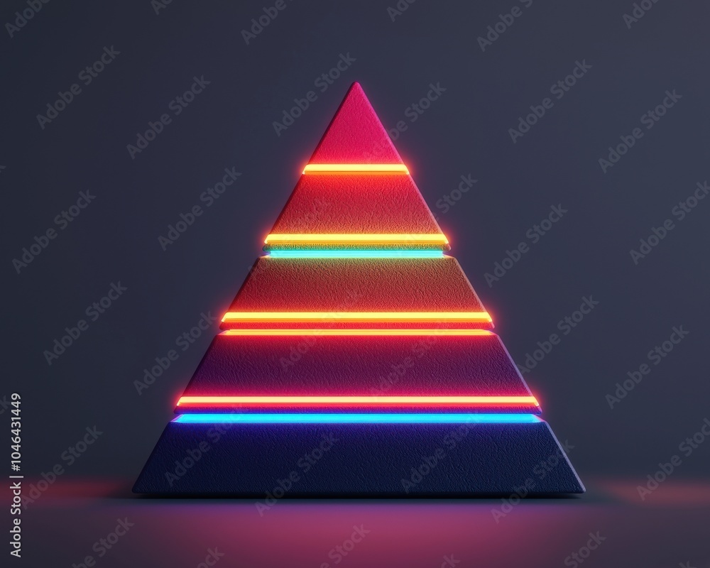 Fototapeta premium Colorful neon pyramid design with glowing stripes on a dark background.