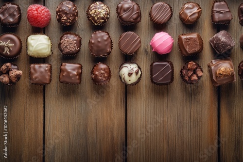 A high-angle view of assorted gourmet chocolates arranged in a grid pattern on a rustic wooden table, with blank space at the bottom for a message or promotional content.