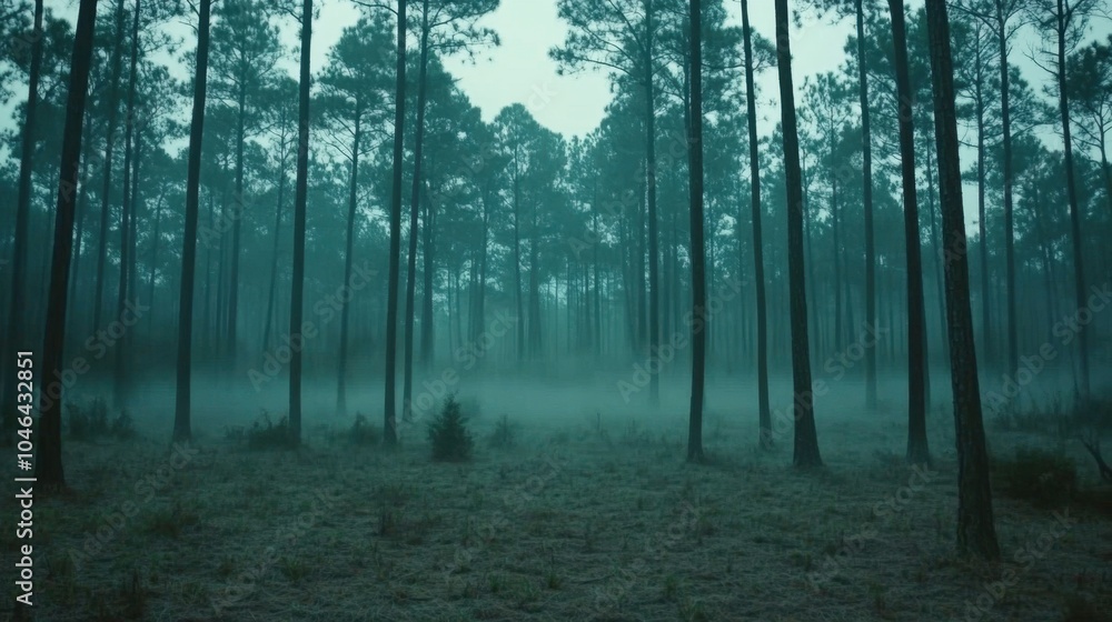 Fototapeta premium A misty pine forest with a carpet of fallen needles, the fog giving the landscape a quiet, peaceful feeling.