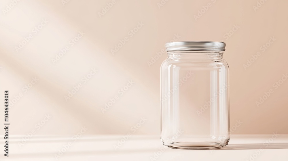 A clear glass jar with a silver lid sits on a light-colored surface, capturing soft shadows and highlighting its minimalist design. A clear glass jar with a silver lid sits on a light-colored surface, capturing soft shadows and highlighting its minimalist design.