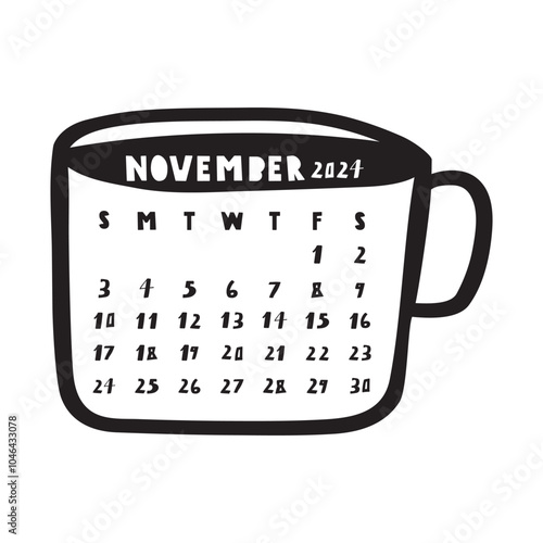 November 2024. Black color cup. Calendar template. Hand drawn vector illustration on white background.