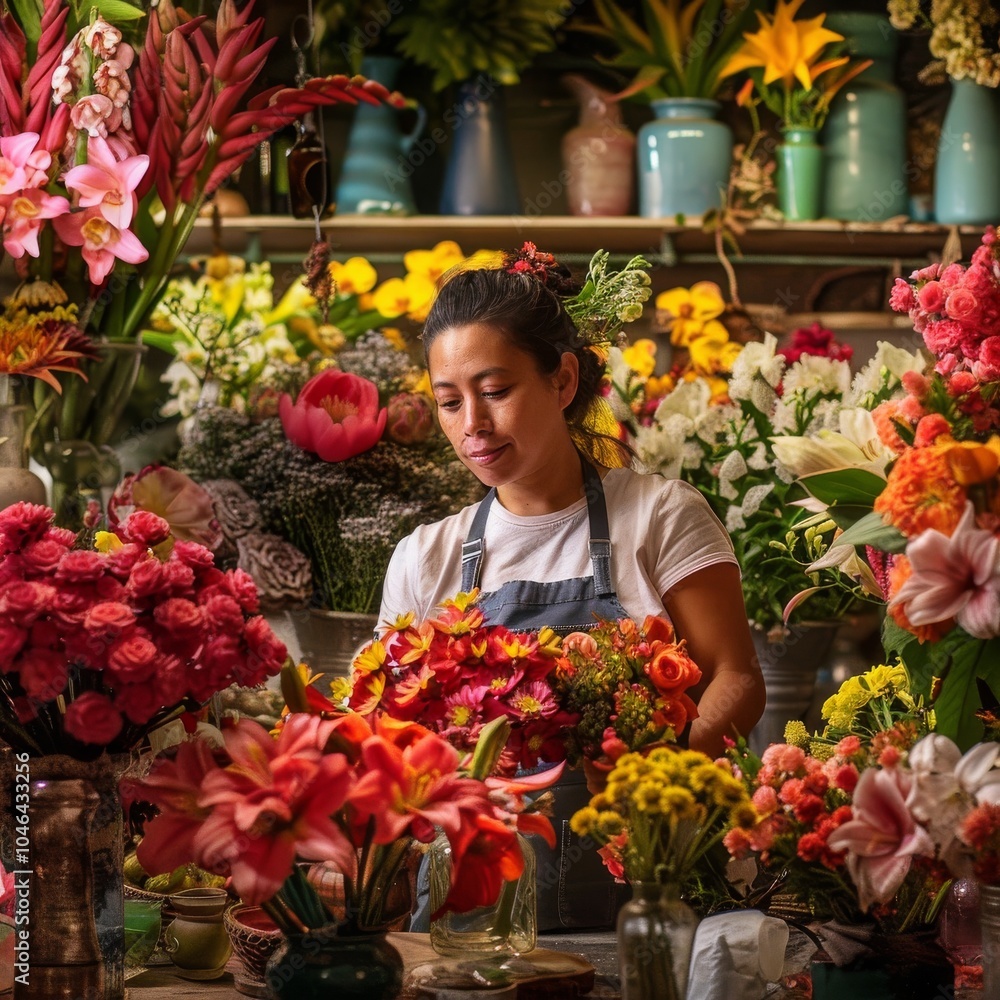 A lively florist arranging floral displays A lively florist arranging floral displays