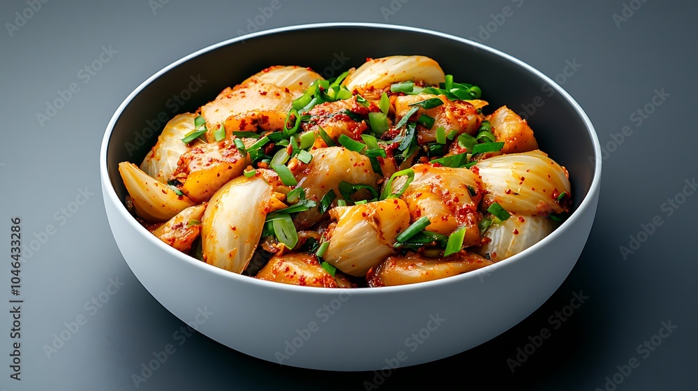 A bowl of golden kimchi with bright red chili flakes, crisp cabbage leaves, and slivers of green onions, glistening with spicy sauce, creating a beautiful contrast of colors and textures. A bowl of golden kimchi with bright red chili flakes, crisp cabbage leaves, and slivers of green onions, glistening with spicy sauce, creating a beautiful contrast of colors and textures.