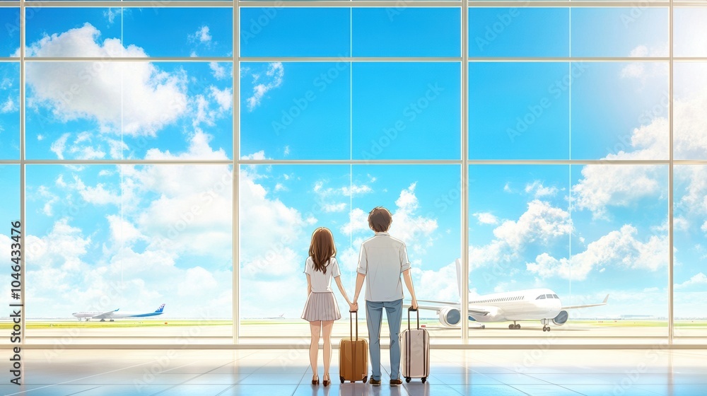A couple stands together at an airport window, gazing at airplanes against a bright blue sky, symbolizing travel and adventure. A couple stands together at an airport window, gazing at airplanes against a bright blue sky, symbolizing travel and adventure.