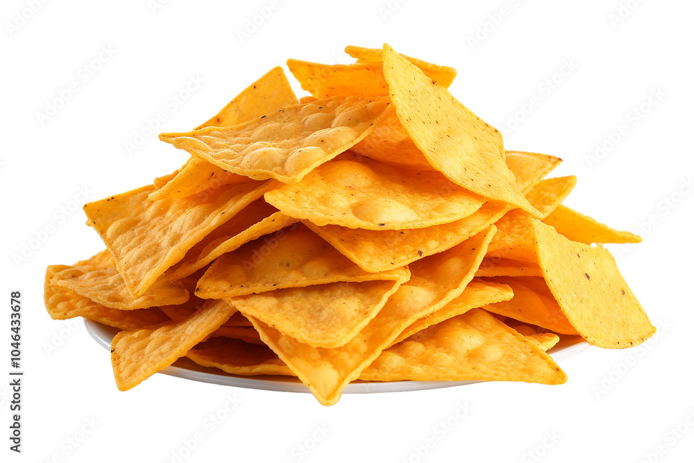 Crispy and Flavorful Nacho Chips Piled High on a White Background Crispy and Flavorful Nacho Chips Piled High on a White Background