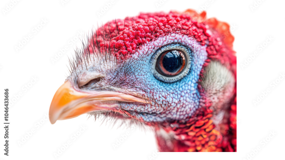 Close-up of a vibrant red bird displaying intricate feather patterns and bright blue and orange facial features. Close-up of a vibrant red bird displaying intricate feather patterns and bright blue and orange facial features.