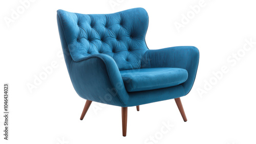 A stylish, tufted blue armchair with wooden legs perfect for modern living room decor and comfortable seating in any space.