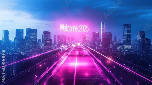 A modern metropolis with "Welcome 2025" projected on skyscrapers, detailed lights twinkling.