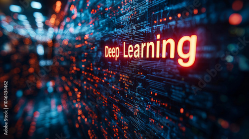 A 3D-rendered text reading "Deep Learning" in a high-tech, networked setting, conveying the advanced and interconnected world of machine learning. Generative AI