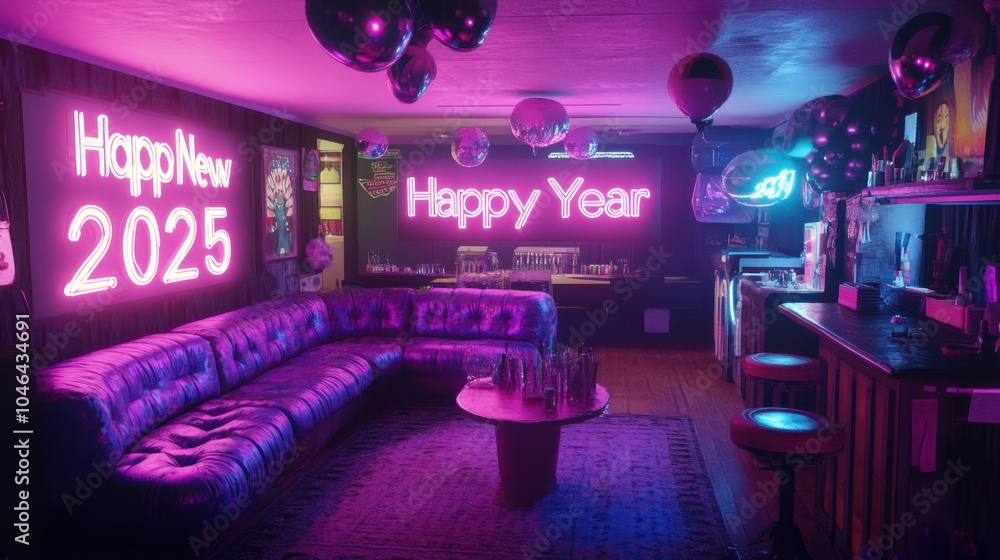 A modern party with LED lights and balloons spelling out A modern party with LED lights and balloons spelling out