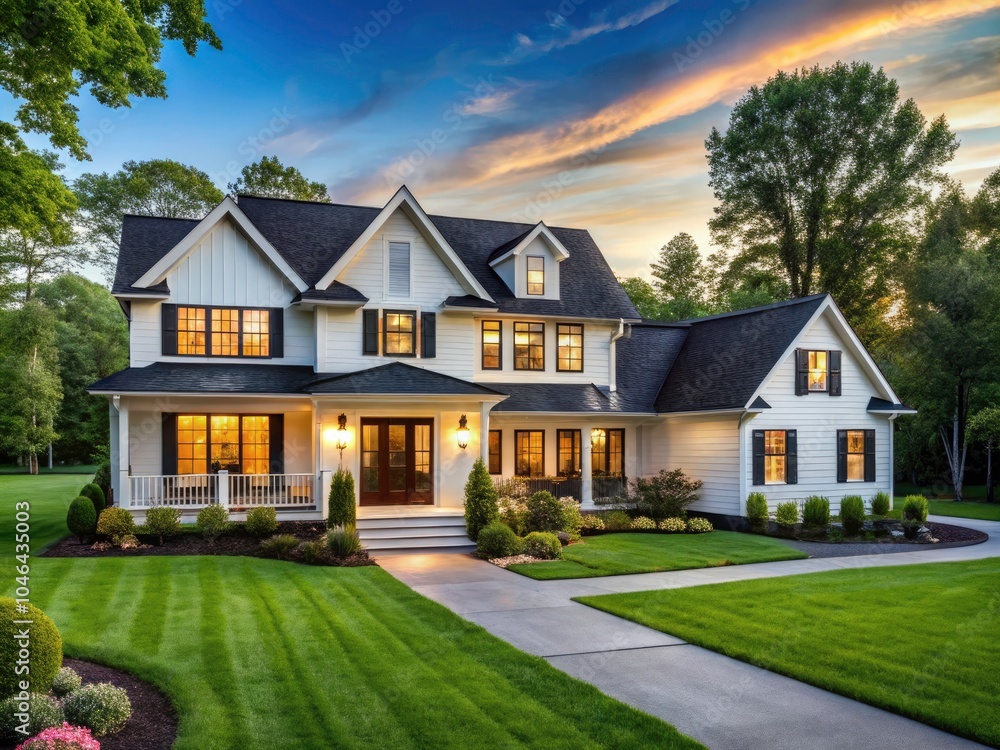 Modern Farmhouse with Black and White Exterior, Front View of Driveway and Pathway, Lush Lawn and Mature Trees, Ideal for Homeowners Seeking Curb Appeal and Contemporary Design Modern Farmhouse with Black and White Exterior, Front View of Driveway and Pathway, Lush Lawn and Mature Trees, Ideal for Homeowners Seeking Curb Appeal and Contemporary Design